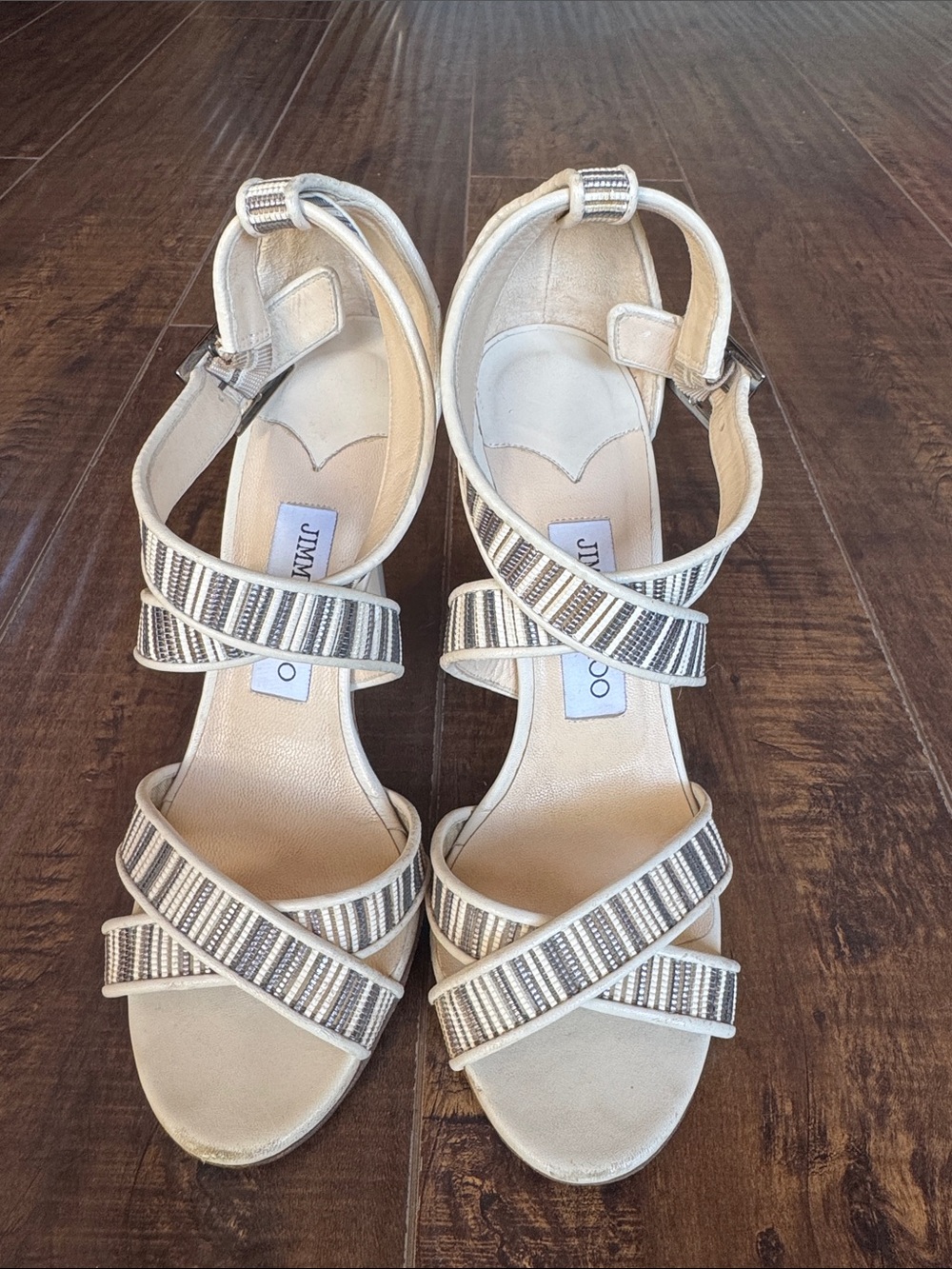 Jimmy Choo Silver and White Strappy Block Heel Sandals - Size 38